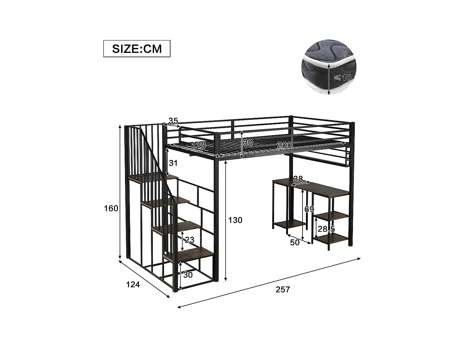 Eisenhochbett - 120 x 200 cm - mit Stauraumtreppe + Schreibtisch und Regal - Eisen + Spanplatte - schwarz