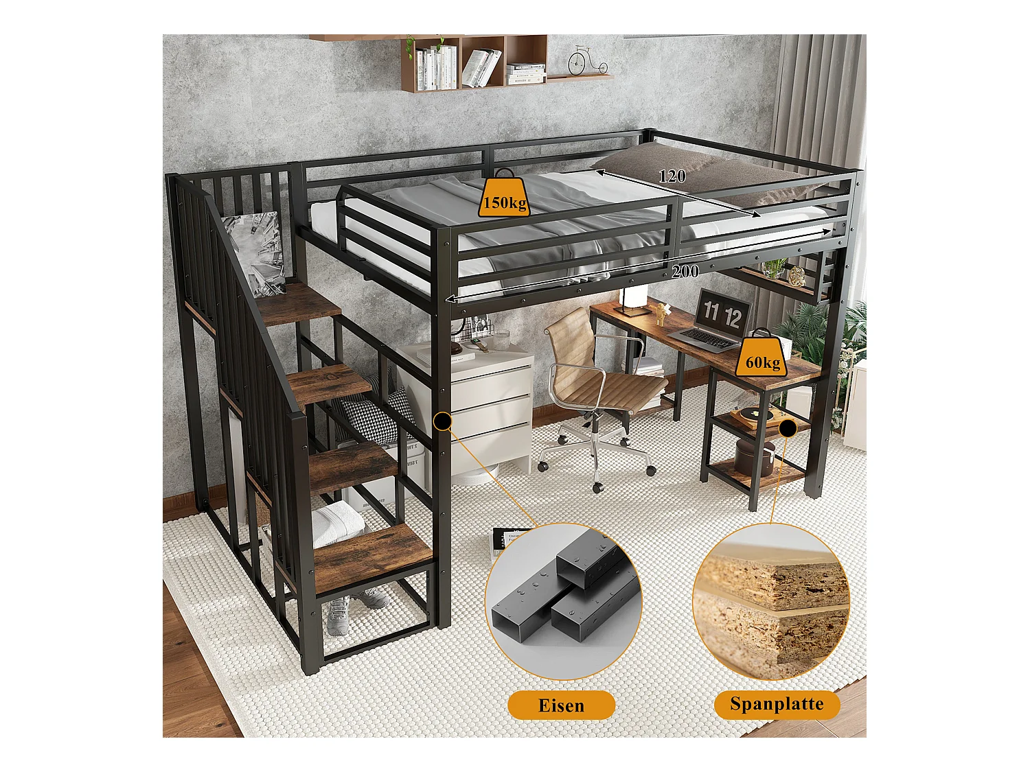 Eisenhochbett - 120 x 200 cm - mit Stauraumtreppe + Schreibtisch und Regal - Eisen + Spanplatte - schwarz
