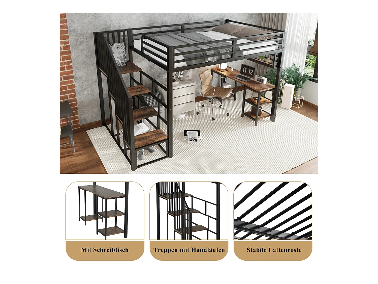 Eisenhochbett - 120 x 200 cm - mit Stauraumtreppe + Schreibtisch und Regal - Eisen + Spanplatte - schwarz
