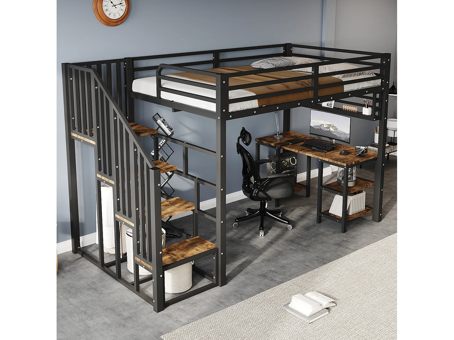 Lit mezzanine en fer - 120 x 200 cm - avec escalier de rangement + bureau et étagère - fer + aggloméré - noir