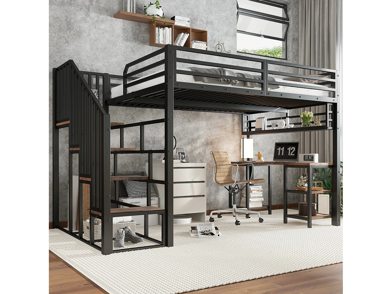 Lit mezzanine en fer - 120 x 200 cm - avec escalier de rangement + bureau et étagère - fer + aggloméré - noir