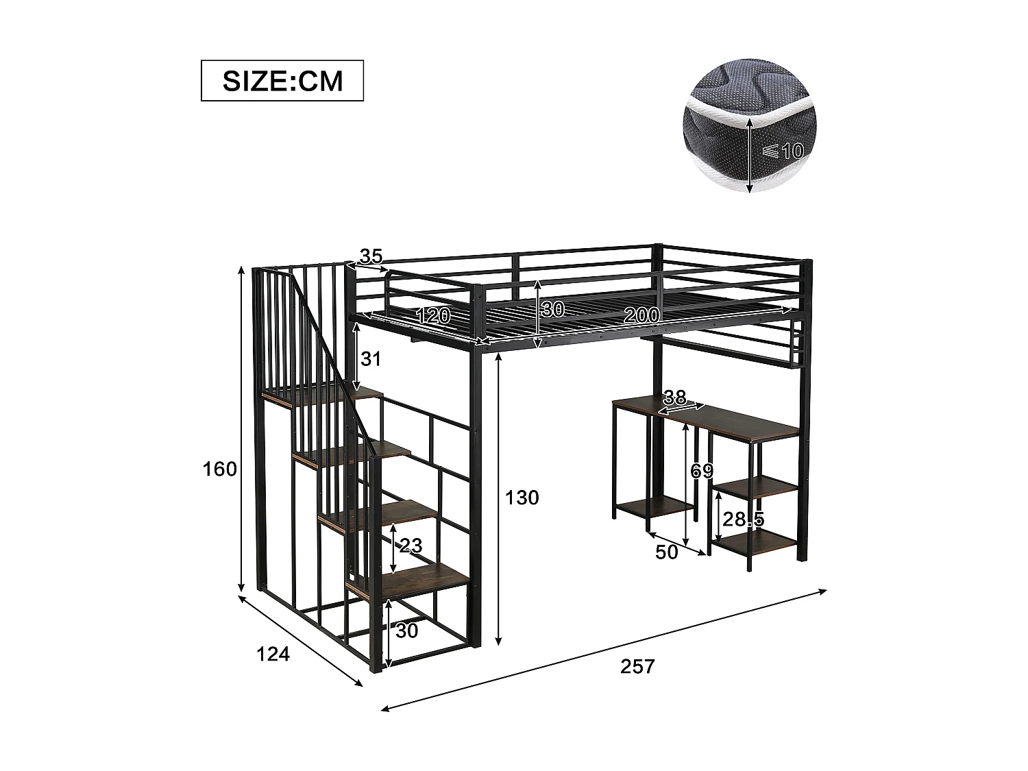 Lit mezzanine en fer - 120 x 200 cm - avec escalier de rangement + bureau et étagère - fer + aggloméré - noir