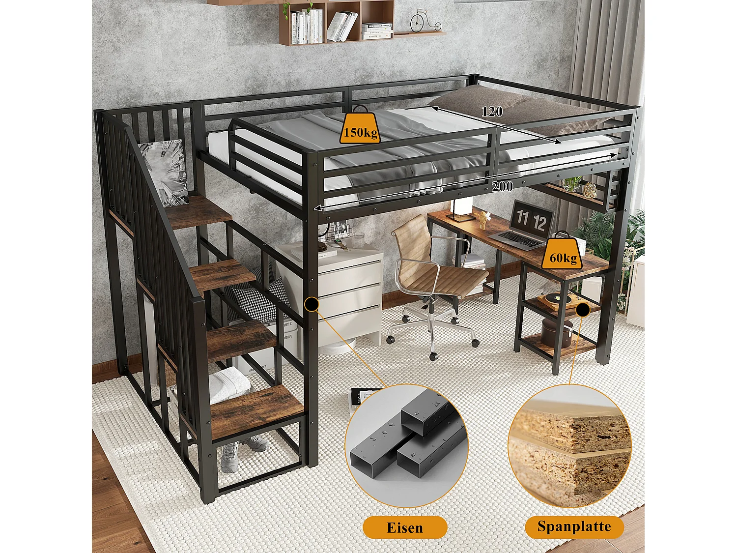 Lit mezzanine en fer - 120 x 200 cm - avec escalier de rangement + bureau et étagère - fer + aggloméré - noir