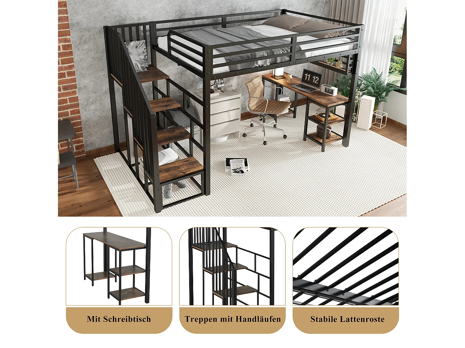Lit mezzanine en fer - 120 x 200 cm - avec escalier de rangement + bureau et étagère - fer + aggloméré - noir