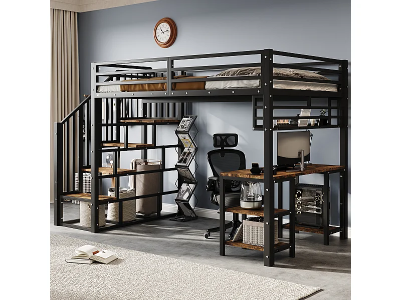 Lit mezzanine en fer - 120 x 200 cm - avec escalier de rangement + bureau et étagère - fer + aggloméré - noir