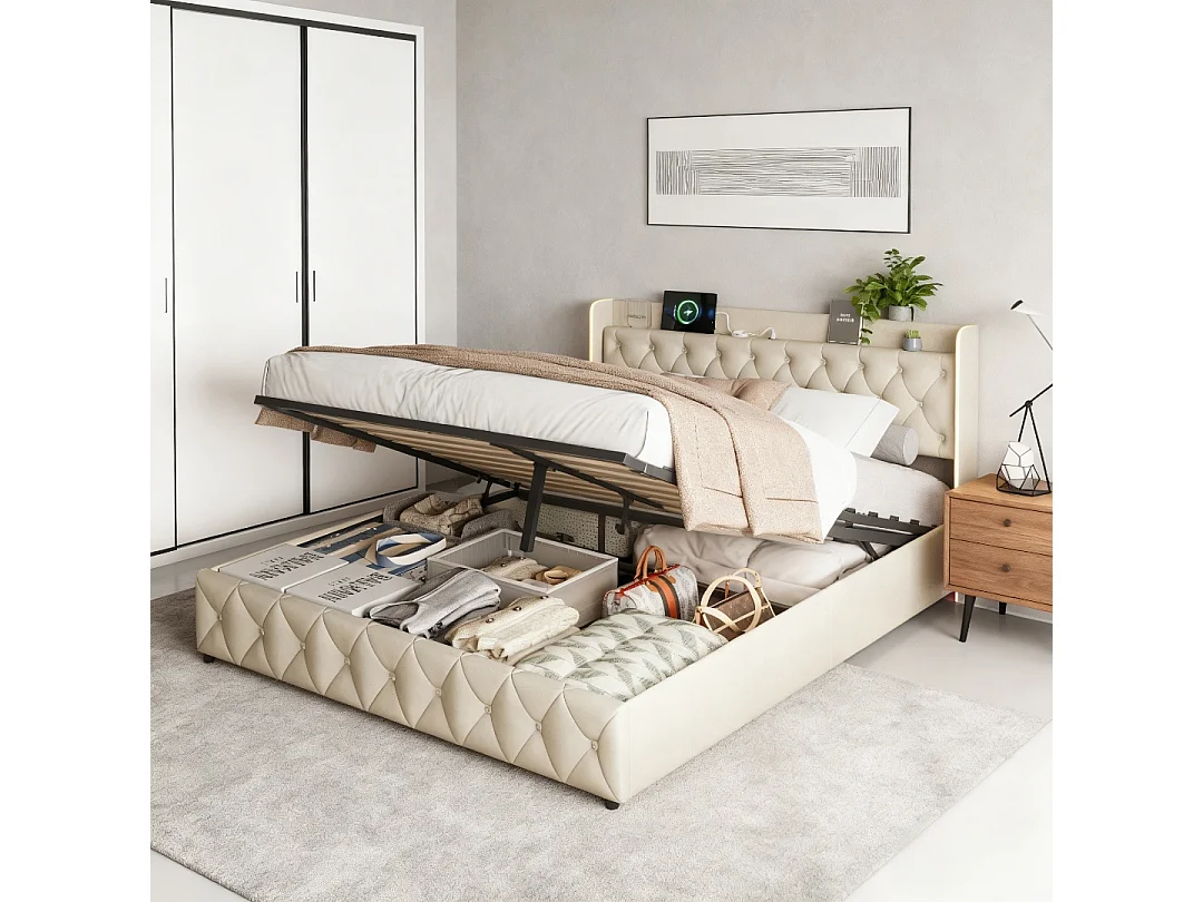 Lit coffre 160x200 cm avec sommier à lattes - lit adulte 160x200 cm avec LED et USB - lit double 160x200 rangement soldes - tissu en velours - beige