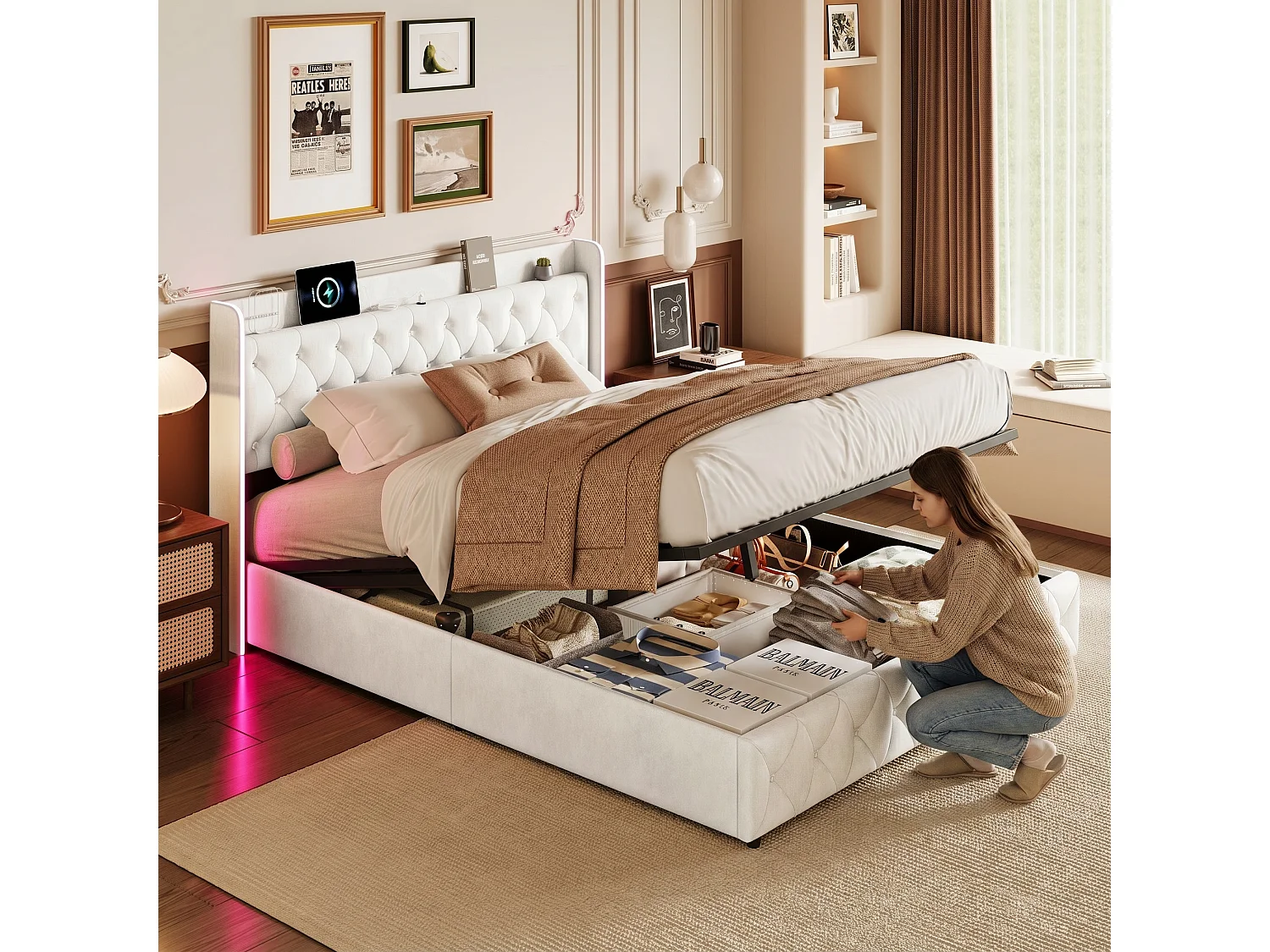 Lit coffre 160 x 200 cm - Lit double adulte avec sommier à lattes, rangement, LED et port USB - tissu velours beige
