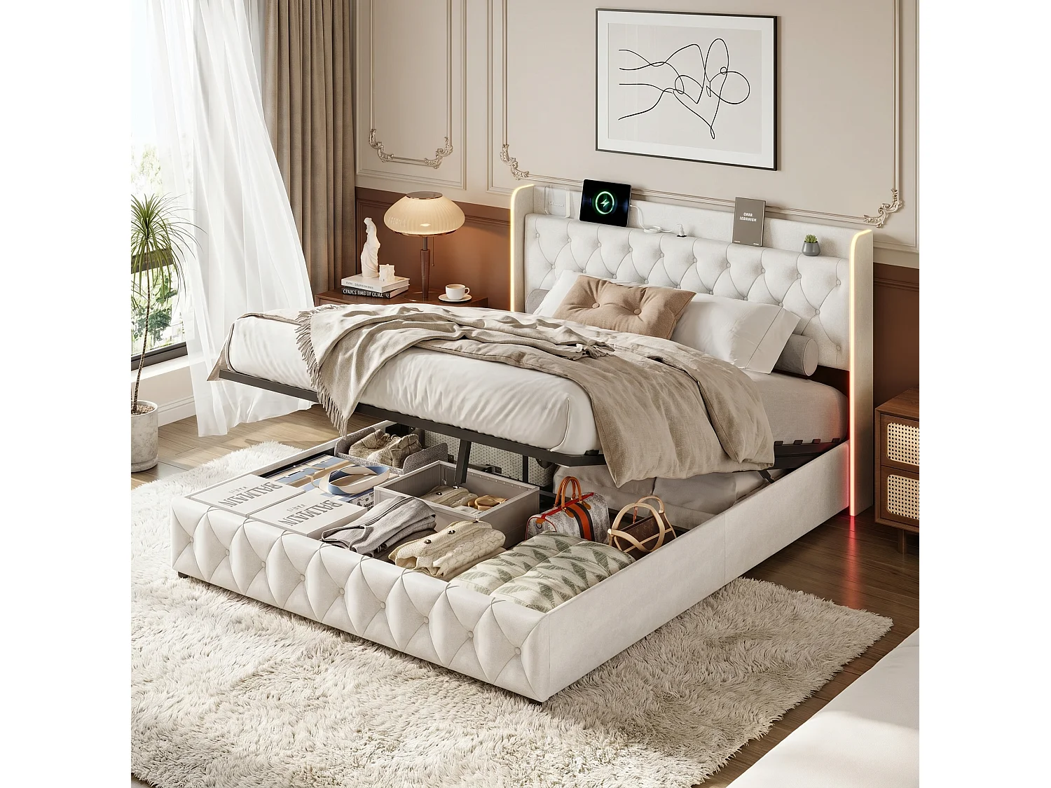 Lit coffre 160 x 200 cm - Lit double adulte avec sommier à lattes, rangement, LED et port USB - tissu velours beige