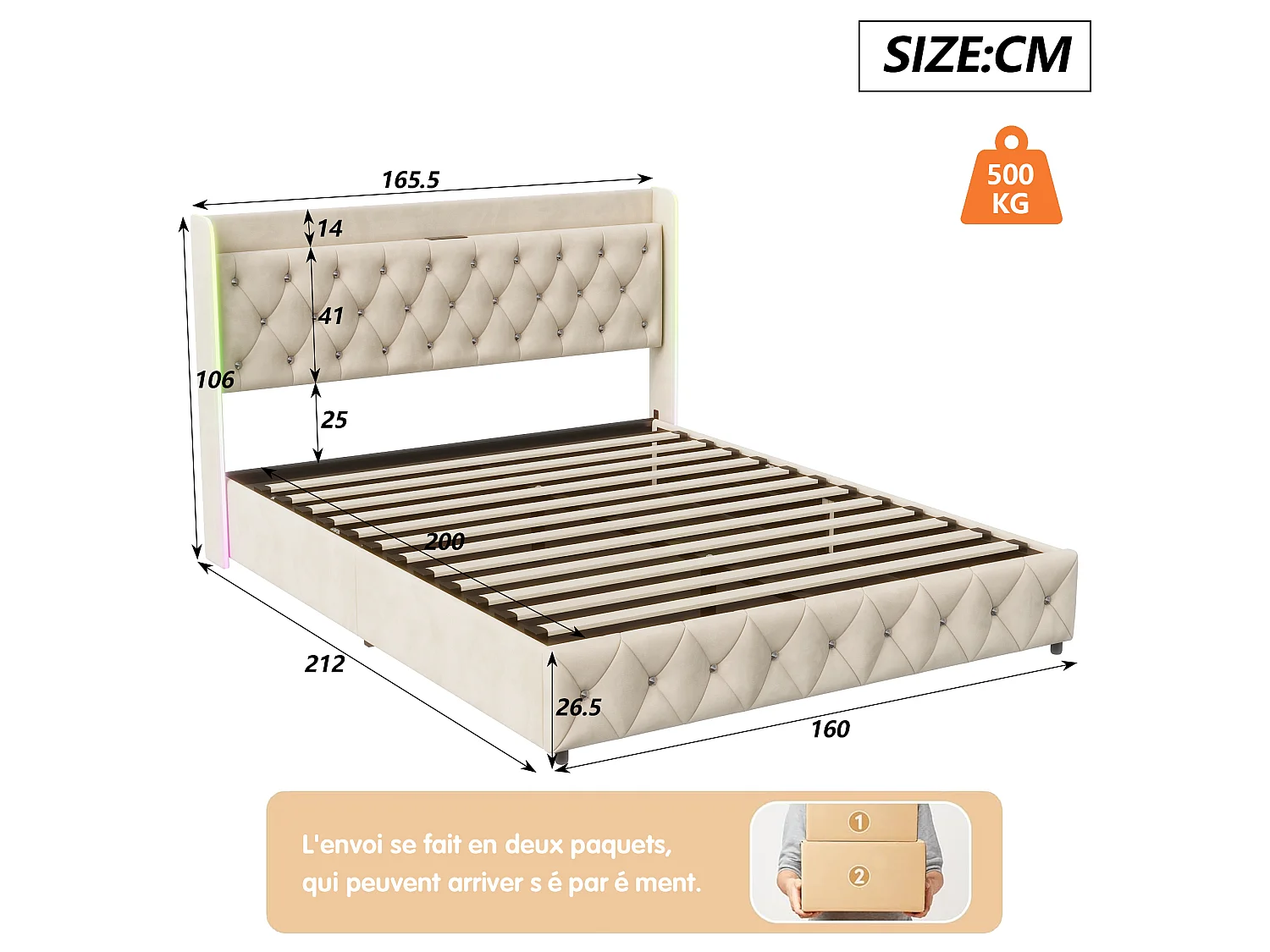 Lit coffre 160 x 200 cm - Lit double adulte avec sommier à lattes, rangement, LED et port USB - tissu velours beige