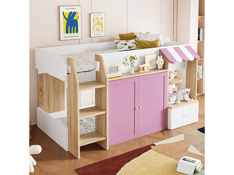 Lit mezzanine enfant mi-hauteur - 90 x 200 cm - avec rangement ouvert + échelle lit - bois - blanc + rose
