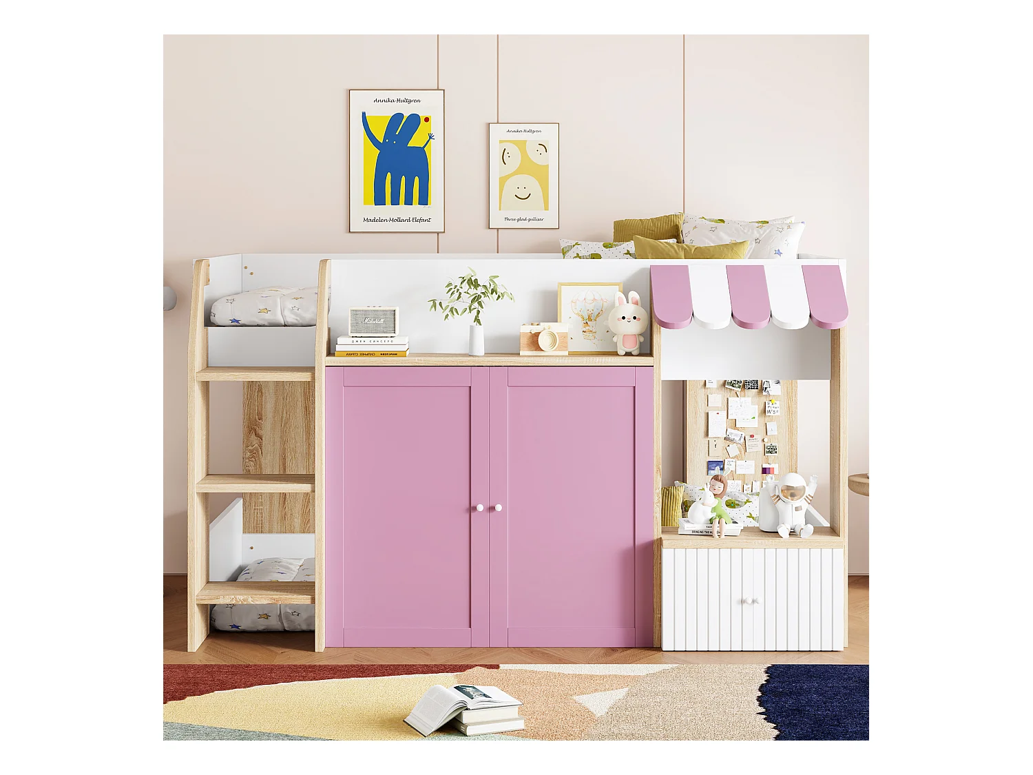 Lit mezzanine enfant mi-hauteur - 90 x 200 cm - avec rangement ouvert + échelle lit - bois - blanc + rose