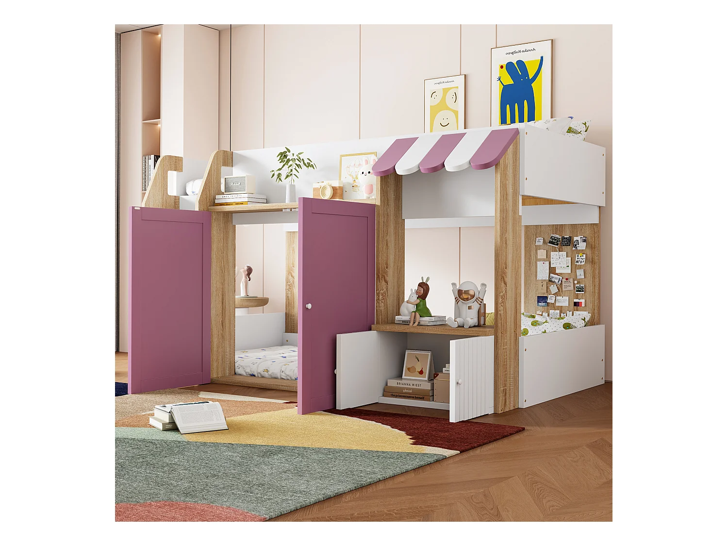 Lit mezzanine enfant mi-hauteur - 90 x 200 cm - avec rangement ouvert + échelle lit - bois - blanc + rose