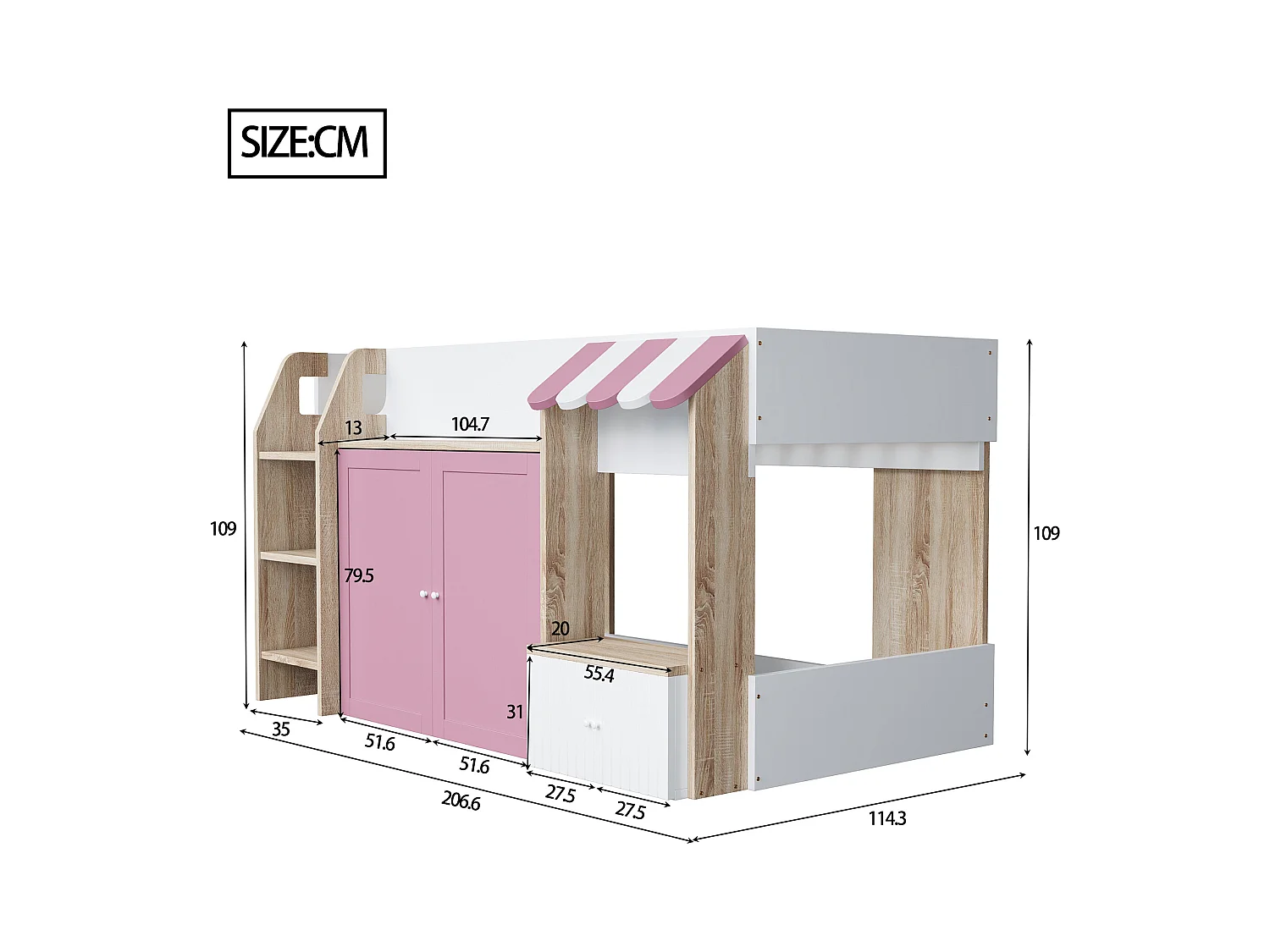 Lit mezzanine enfant mi-hauteur - 90 x 200 cm - avec rangement ouvert + échelle lit - bois - blanc + rose
