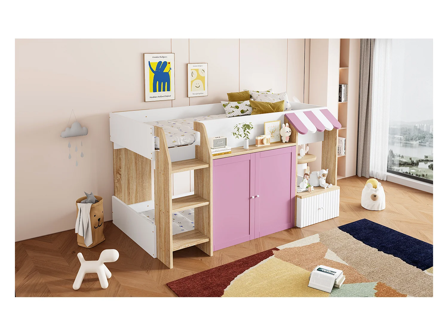 Lit mezzanine enfant mi-hauteur - 90 x 200 cm - avec rangement ouvert + échelle lit - bois - blanc + rose