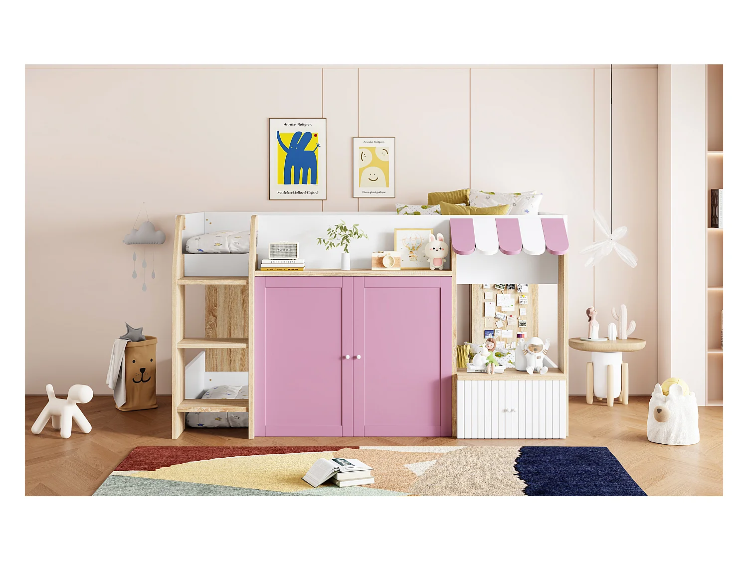 Lit mezzanine enfant mi-hauteur - 90 x 200 cm - avec rangement ouvert + échelle lit - bois - blanc + rose