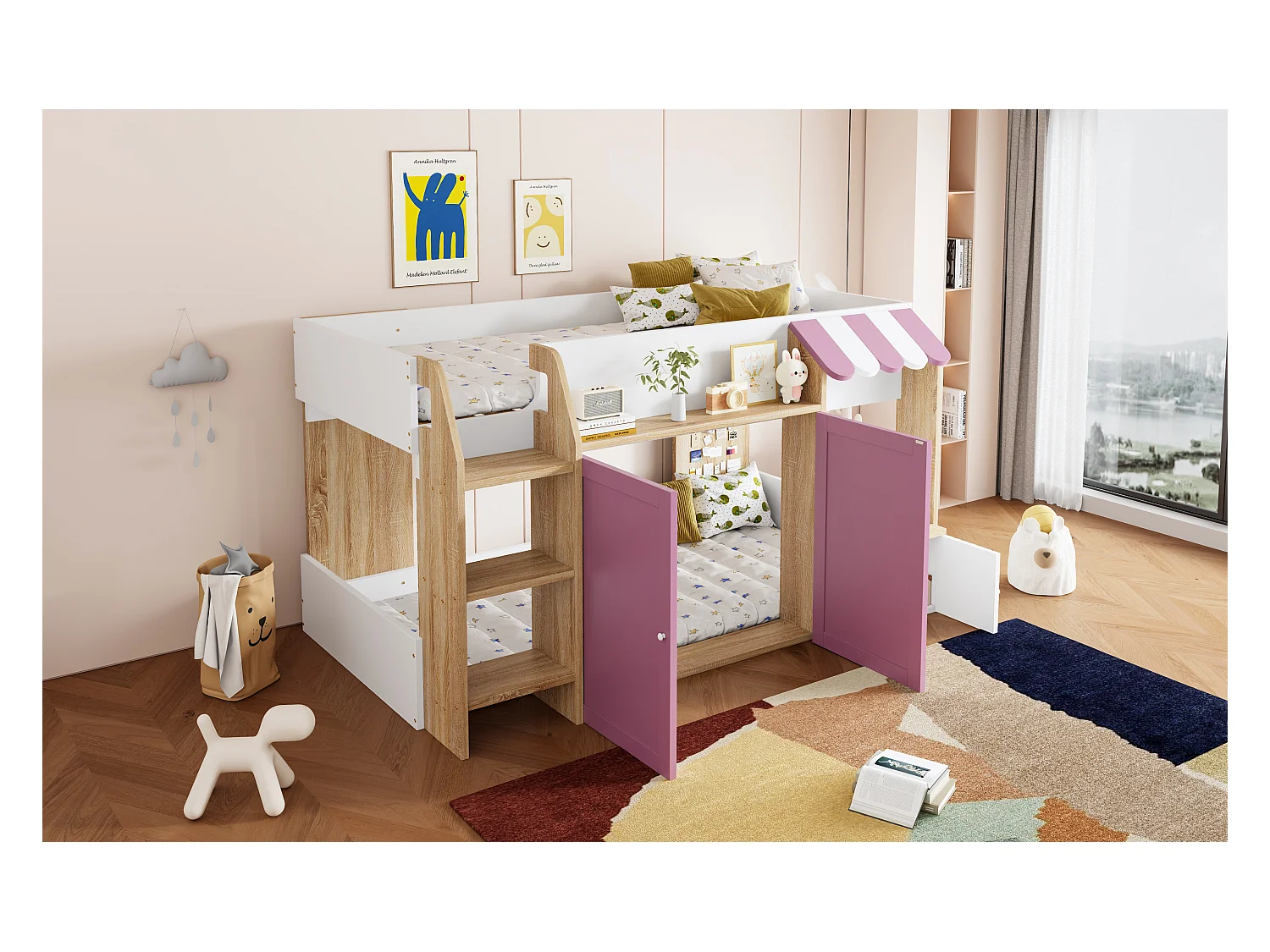 Lit mezzanine enfant mi-hauteur - 90 x 200 cm - avec rangement ouvert + échelle lit - bois - blanc + rose