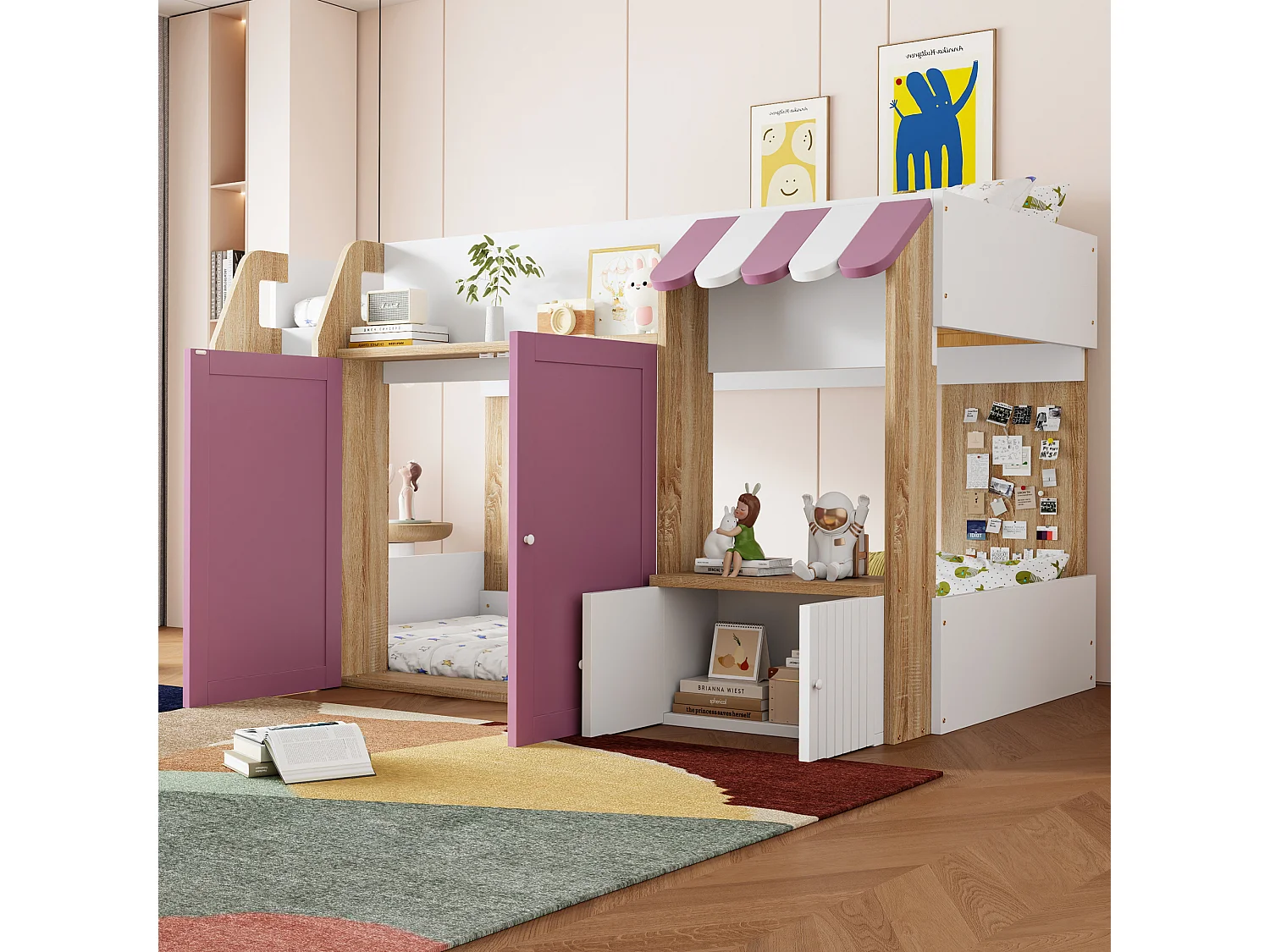Letto a soppalco per bambini - 90 x 200 cm - con contenitore aperto + scaletta per letto - legno - bianco + rosa