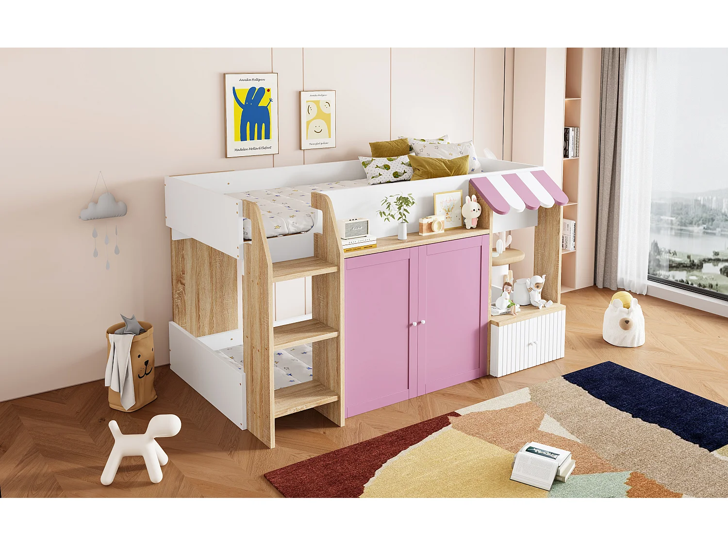 Letto a soppalco per bambini - 90 x 200 cm - con contenitore aperto + scaletta per letto - legno - bianco + rosa