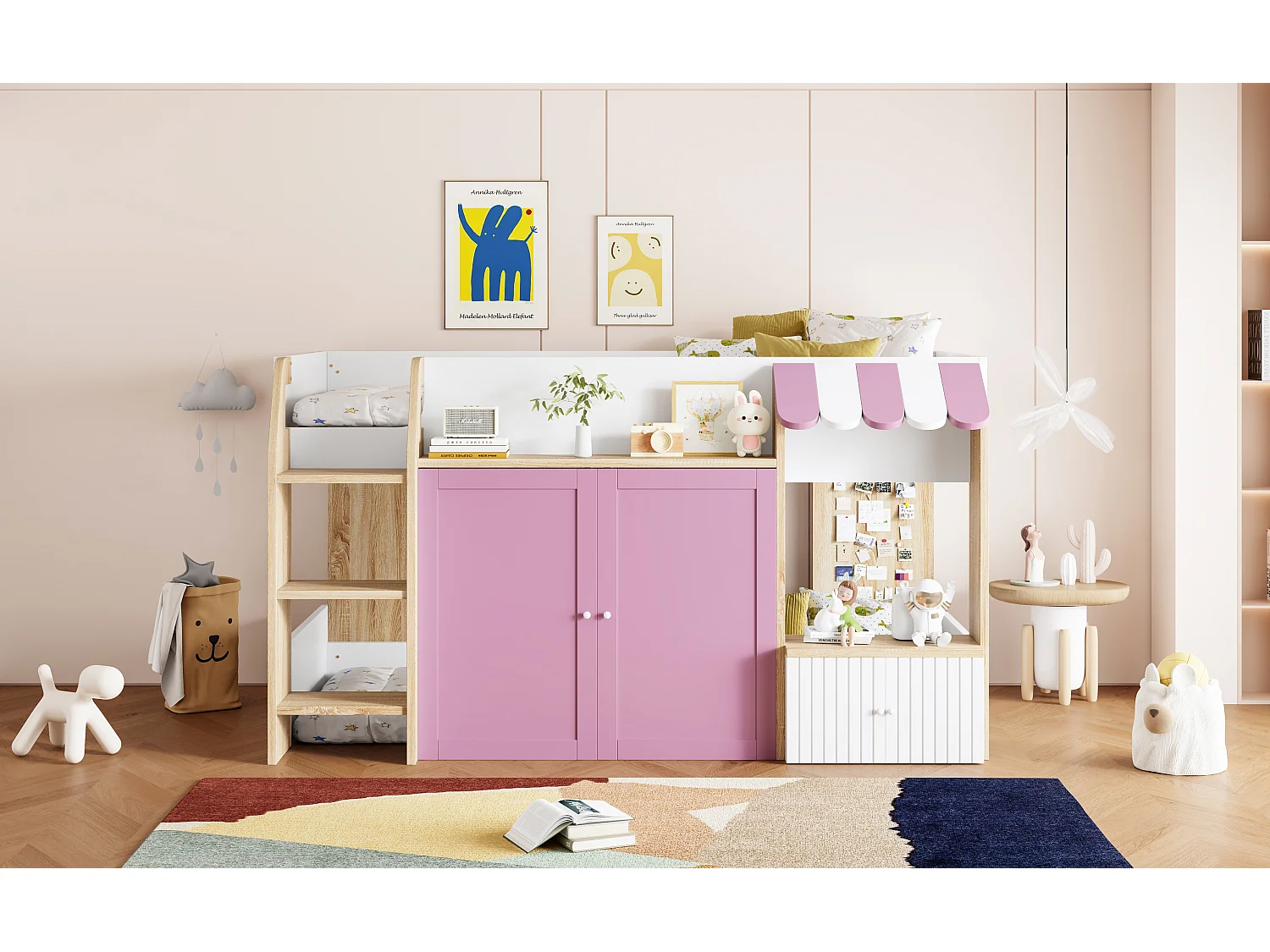 Letto a soppalco per bambini - 90 x 200 cm - con contenitore aperto + scaletta per letto - legno - bianco + rosa