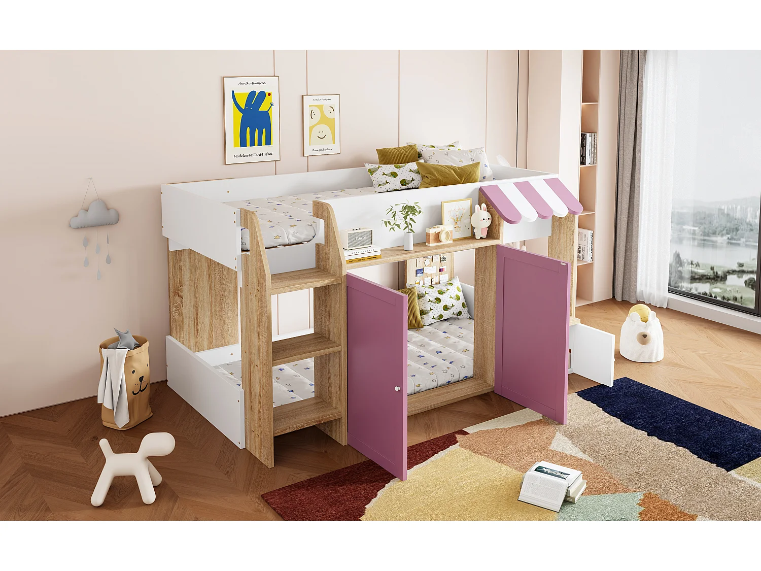 Letto a soppalco per bambini - 90 x 200 cm - con contenitore aperto + scaletta per letto - legno - bianco + rosa