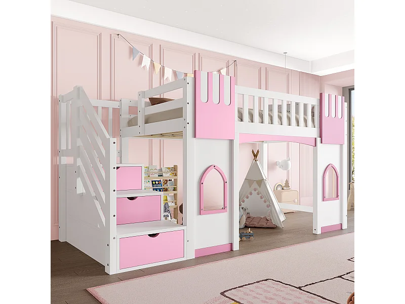 Lit mezzanine enfant - 90 x 200 cm - avec escalier de rangement et fenêtre - bois + MDF - blanc + rose