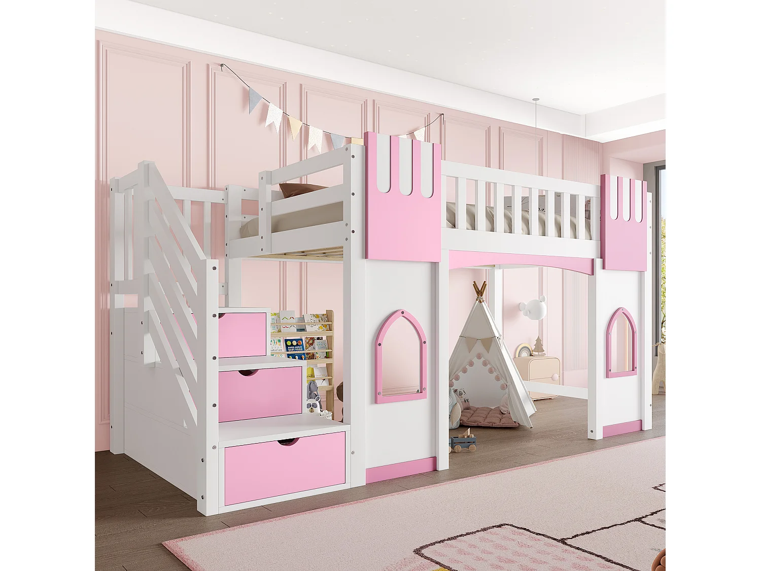 Lit mezzanine enfant - 90 x 200 cm - avec escalier de rangement et fenêtre - bois + MDF - blanc + rose