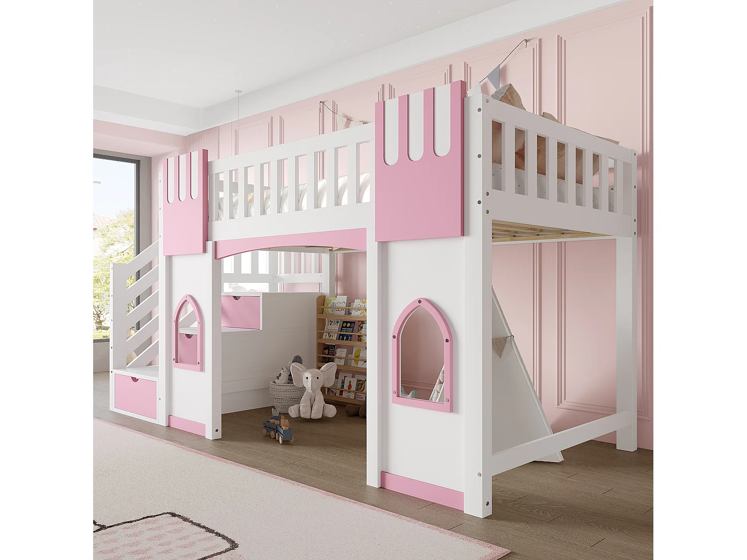 Lit mezzanine enfant - 90 x 200 cm - avec escalier de rangement et fenêtre - bois + MDF - blanc + rose