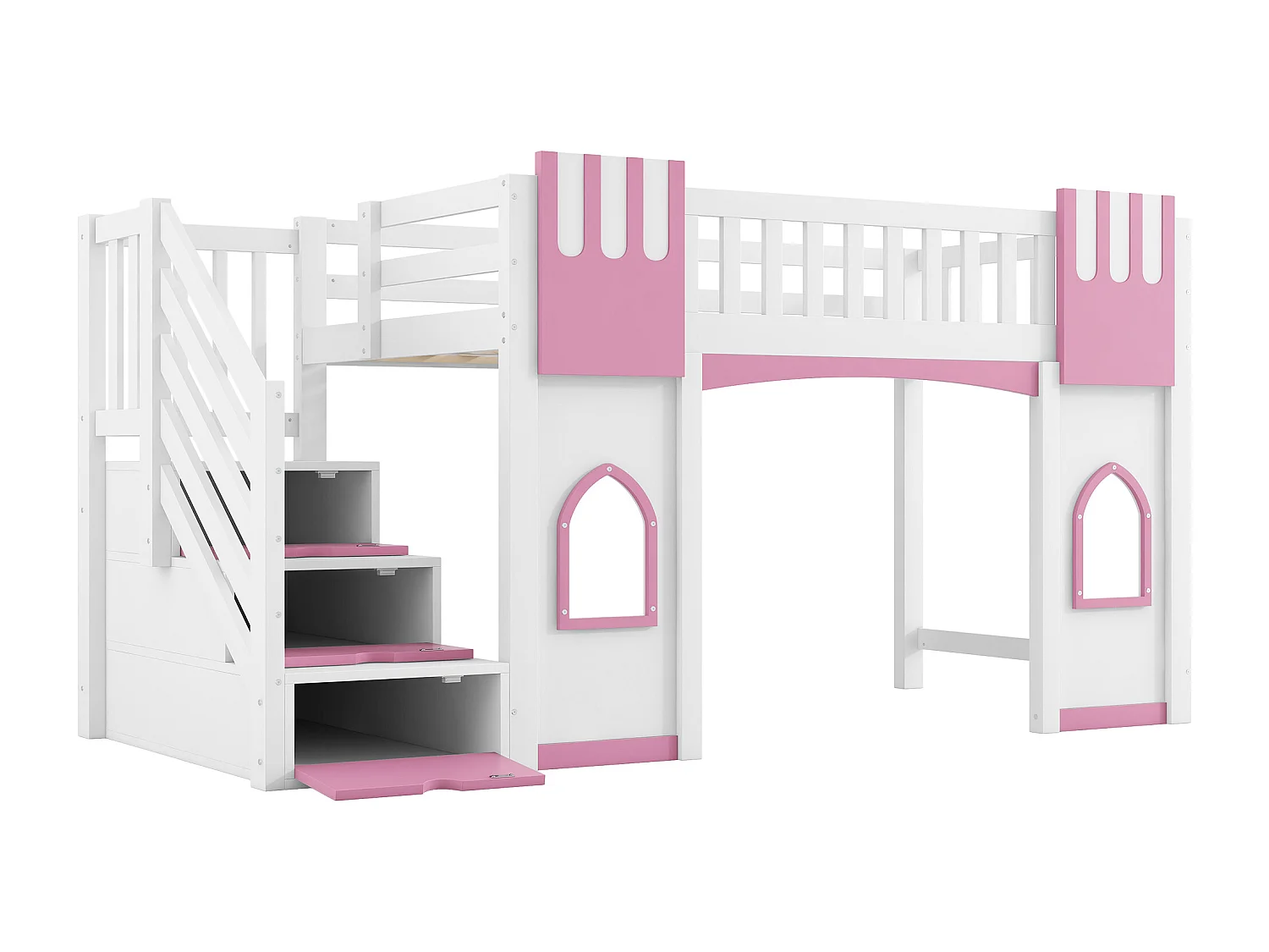 Lit mezzanine enfant - 90 x 200 cm - avec escalier de rangement et fenêtre - bois + MDF - blanc + rose