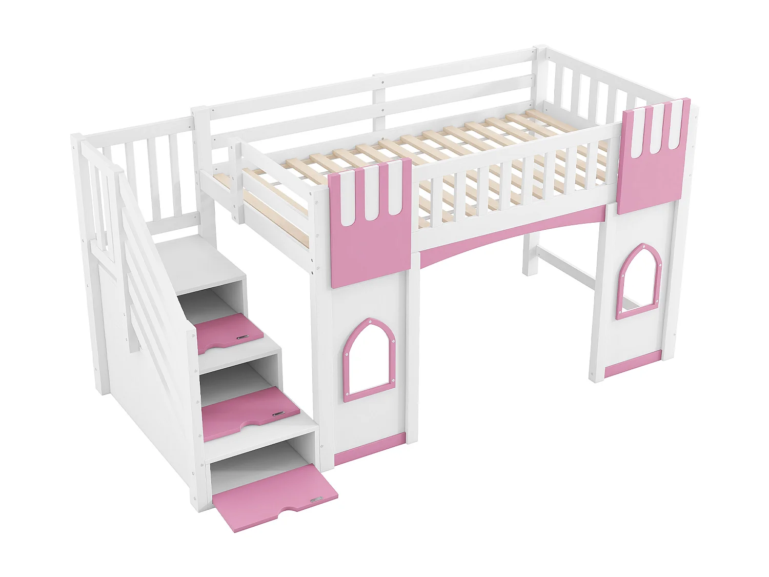 Lit mezzanine enfant - 90 x 200 cm - avec escalier de rangement et fenêtre - bois + MDF - blanc + rose