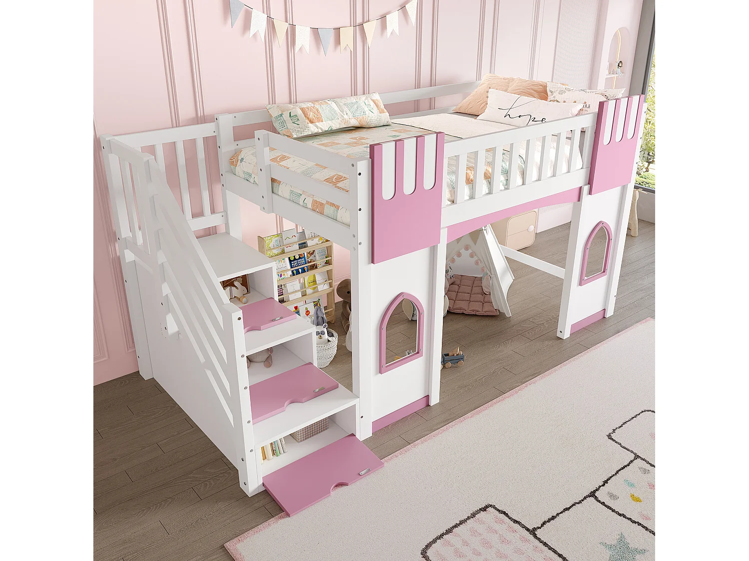 Cama alta infantil - 90 x 200 cm - con escalera de almacenaje y ventana - madera + MDF - blanco + rosa
