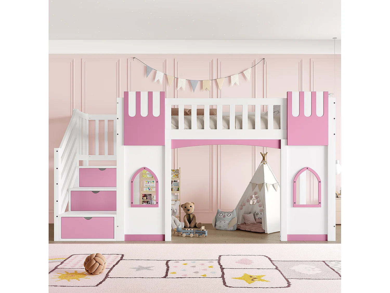 Cama alta infantil - 90 x 200 cm - con escalera de almacenaje y ventana - madera + MDF - blanco + rosa
