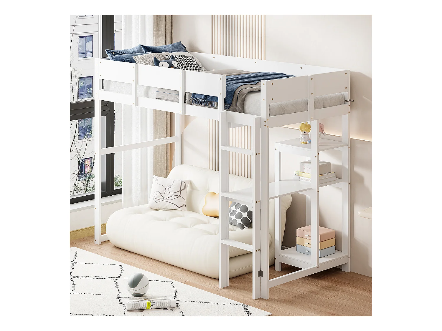 Kinder-Etagenbett 90 x 200 cm mit Ablageboden - Kiefernholz und MDF - weiß