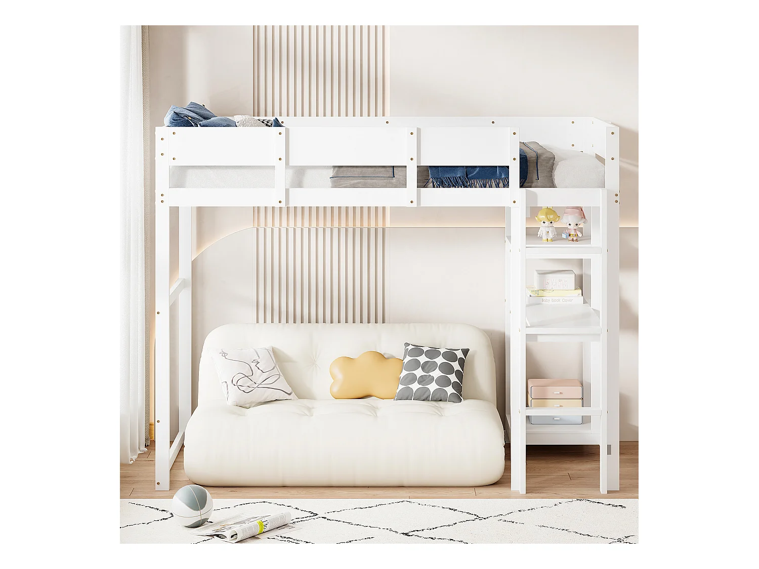 Kinder-Etagenbett 90 x 200 cm mit Ablageboden - Kiefernholz und MDF - weiß