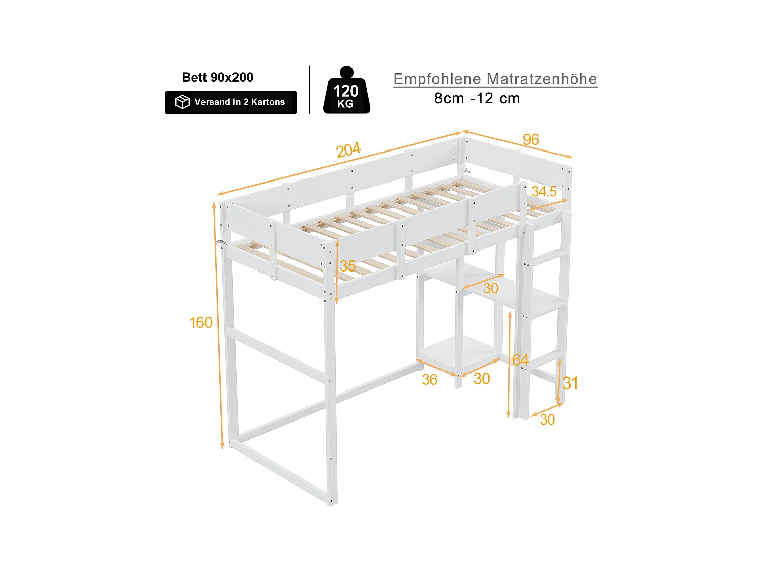 Kinder-Etagenbett 90 x 200 cm mit Ablageboden - Kiefernholz und MDF - weiß