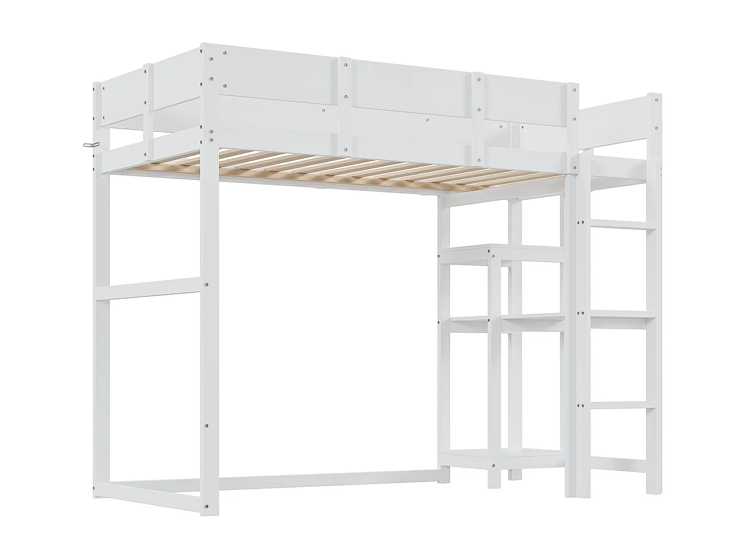 Lit mezzanine 90 x 200 cm avec étagère de rangement pour enfant - bois de pin et MDF - blanc