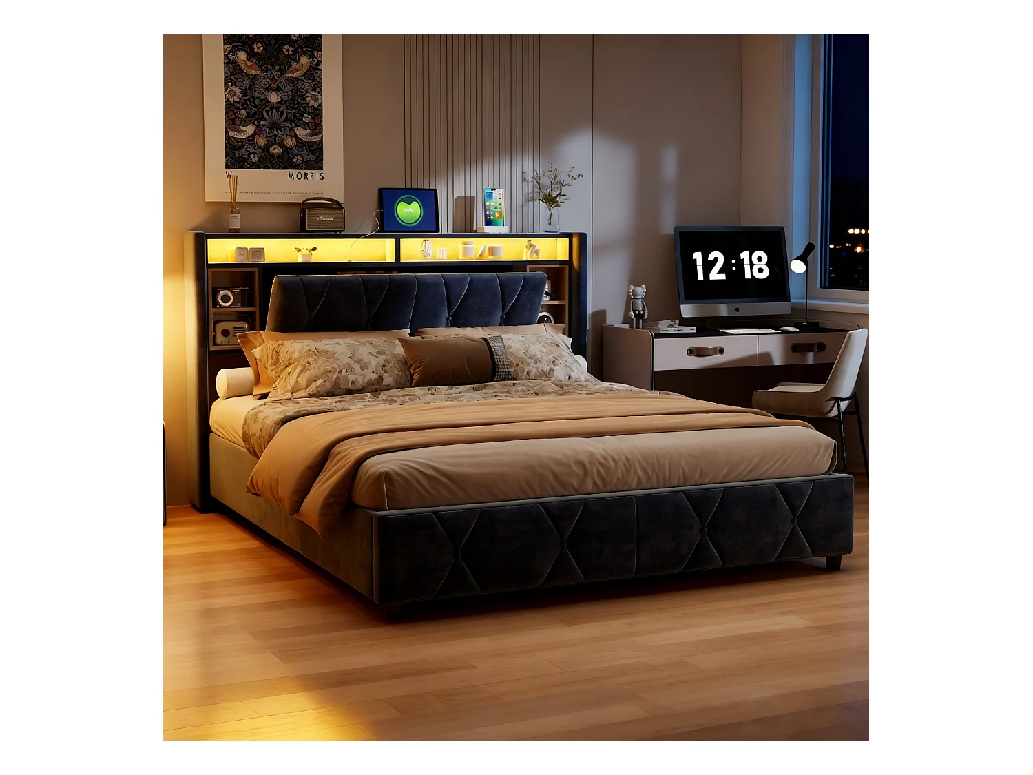 Lit coffre 160x200 cm avec sommier à lattes - lit adulte 160x200 cm avec LED et USB - Lit double 160x200 rangement soldes - tissu en velours - gris
