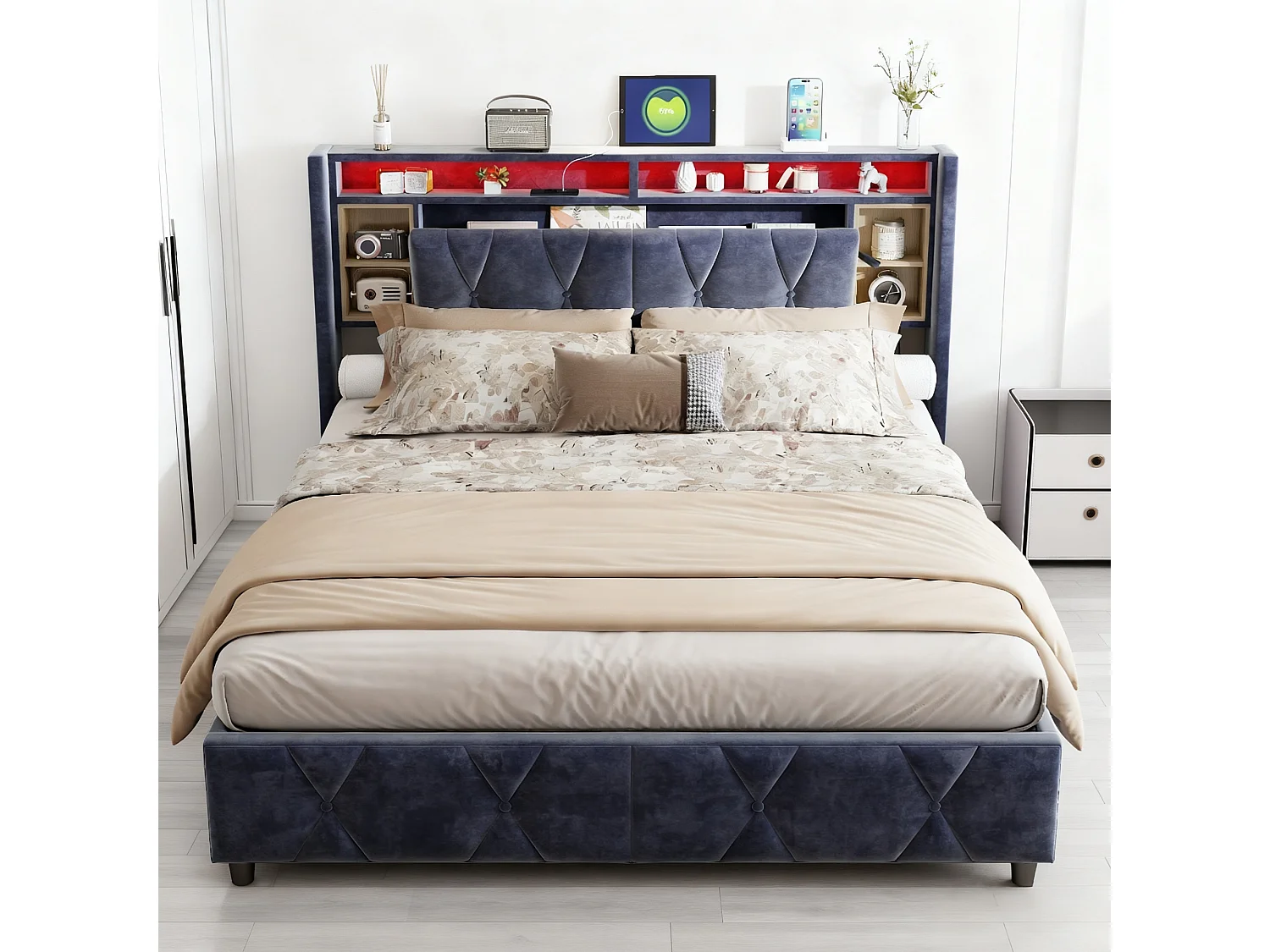 Lit coffre 160x200 cm avec sommier à lattes - lit adulte 160x200 cm avec LED et USB - Lit double 160x200 rangement soldes - tissu en velours - gris