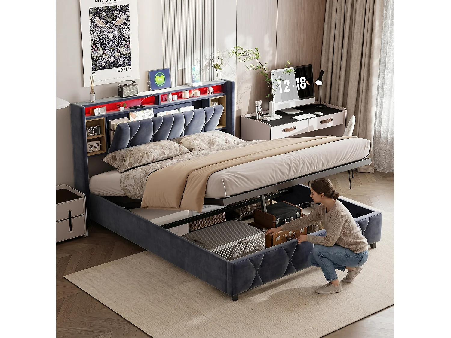 Lit coffre double 160x200 cm avec sommier à lattes, LED et USB, rangement intégré, velours gris