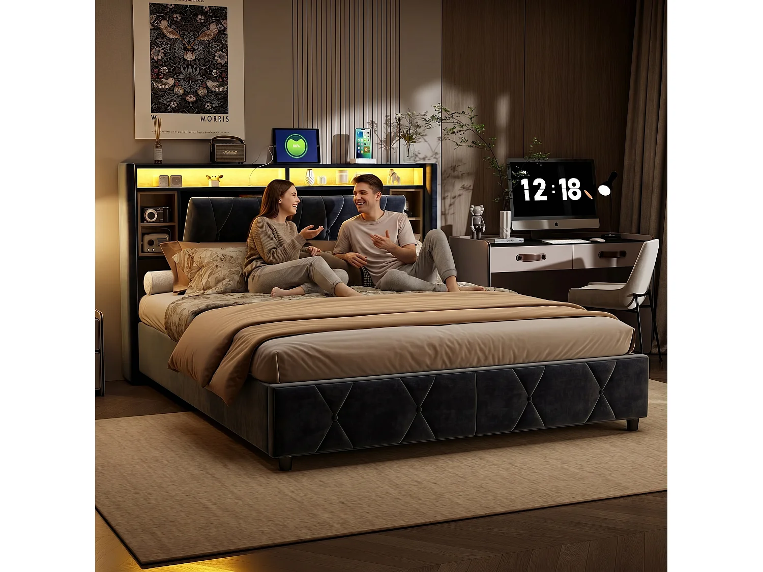 Lit coffre double 160x200 cm avec sommier à lattes, LED et USB, rangement intégré, velours gris