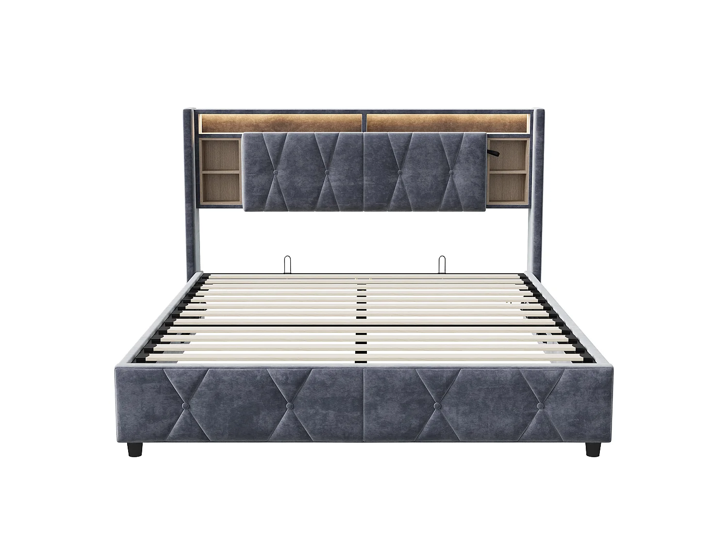 Lit coffre double 160x200 cm avec sommier à lattes, LED et USB, rangement intégré, velours gris