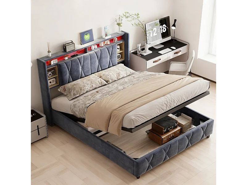 Lit coffre 140x200 cm avec sommier à lattes - lit adulte 140x200 cm avec LED et USB - Lit double 140x200 rangement soldes - tissu en velours - gris