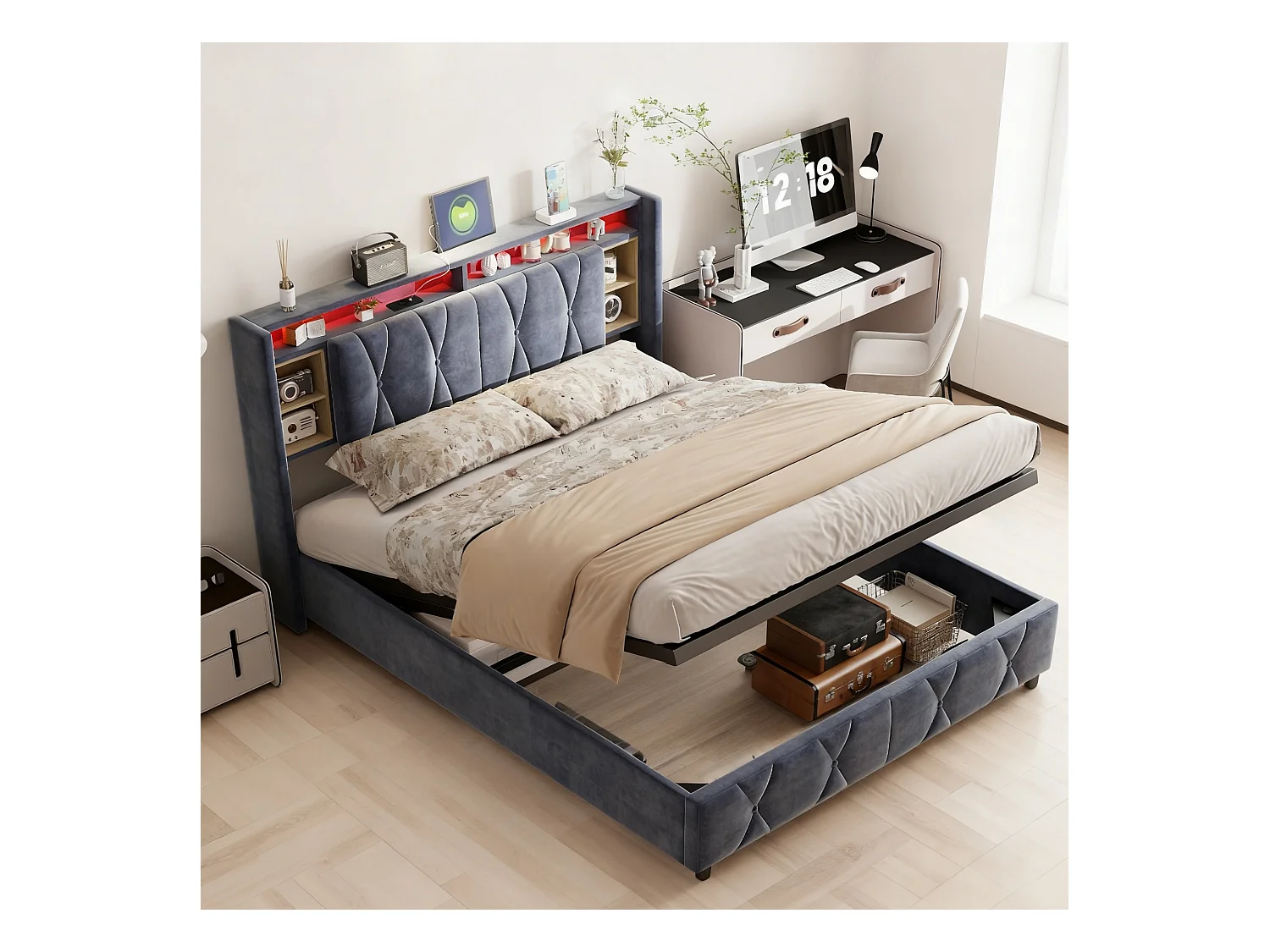 Lit coffre 140x200 cm avec sommier à lattes - lit adulte 140x200 cm avec LED et USB - Lit double 140x200 rangement soldes - tissu en velours - gris