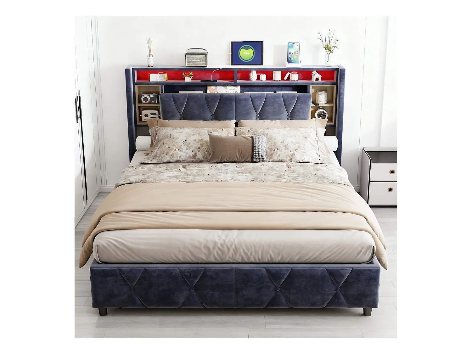 Lit coffre 140x200 cm avec sommier à lattes - lit adulte 140x200 cm avec LED et USB - Lit double 140x200 rangement soldes - tissu en velours - gris