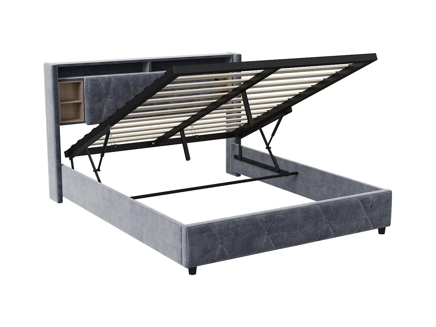 Lit coffre 140x200 cm avec sommier à lattes - lit adulte 140x200 cm avec LED et USB - Lit double 140x200 rangement soldes - tissu en velours - gris