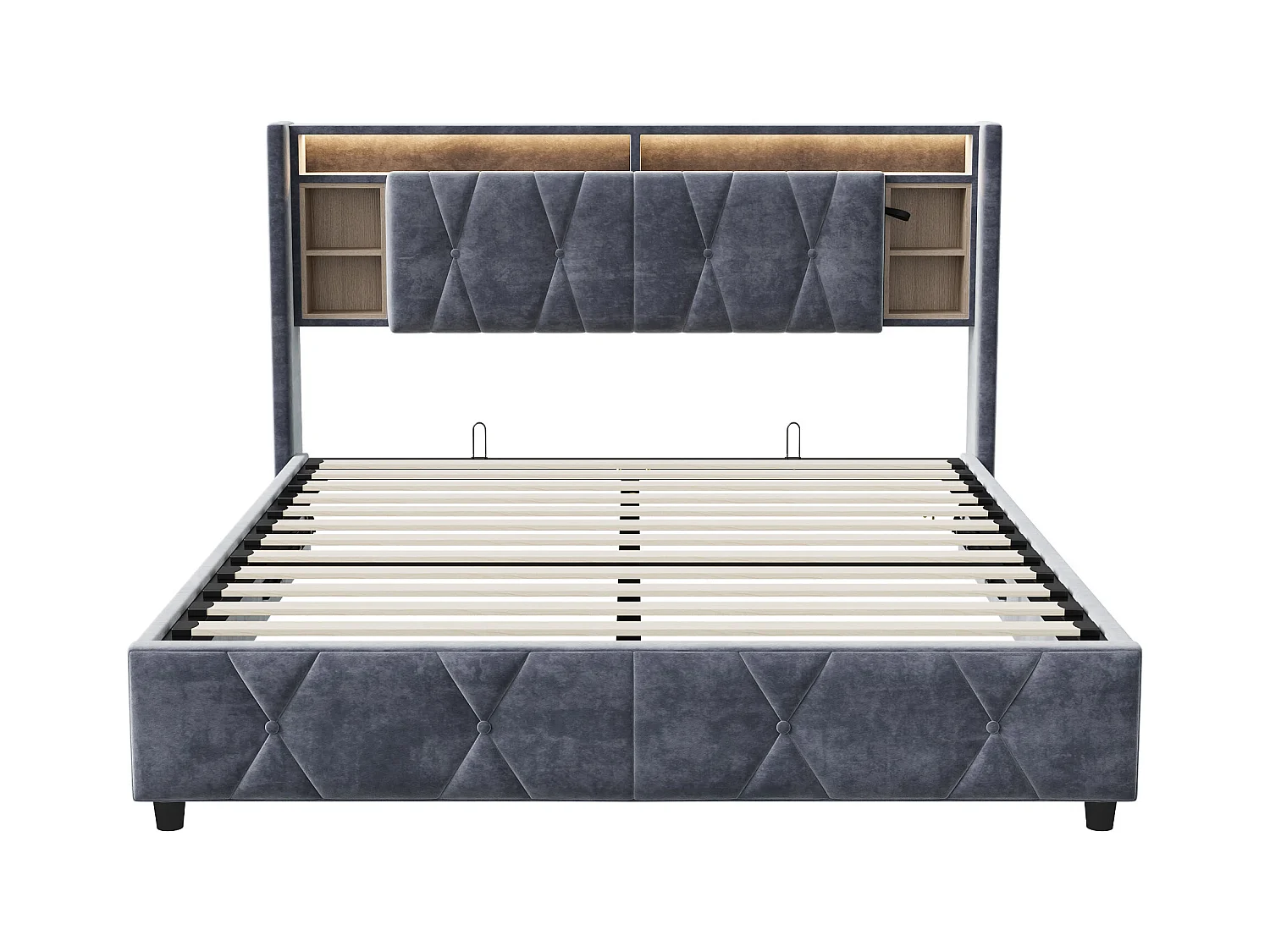 Lit coffre 140x200 cm avec sommier à lattes - lit adulte 140x200 cm avec LED et USB - Lit double 140x200 rangement soldes - tissu en velours - gris