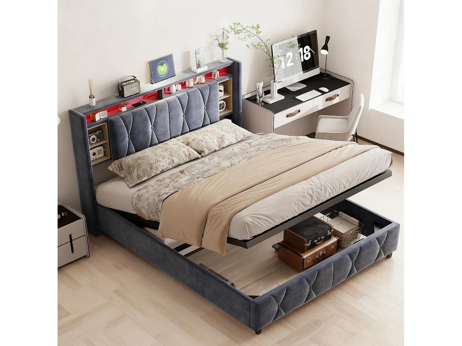 Lit coffre 140x200 cm avec sommier à lattes - lit adulte 140x200 cm avec LED et USB - Lit double 140x200 rangement soldes - tissu en velours - gris