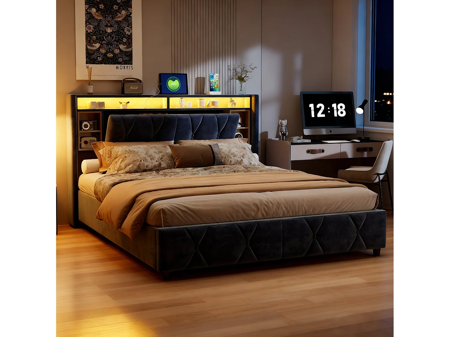 Lit coffre 140x200 cm avec sommier à lattes, lit adulte en velours gris avec LED et USB, lit double avec rangement intégré, sans matelas