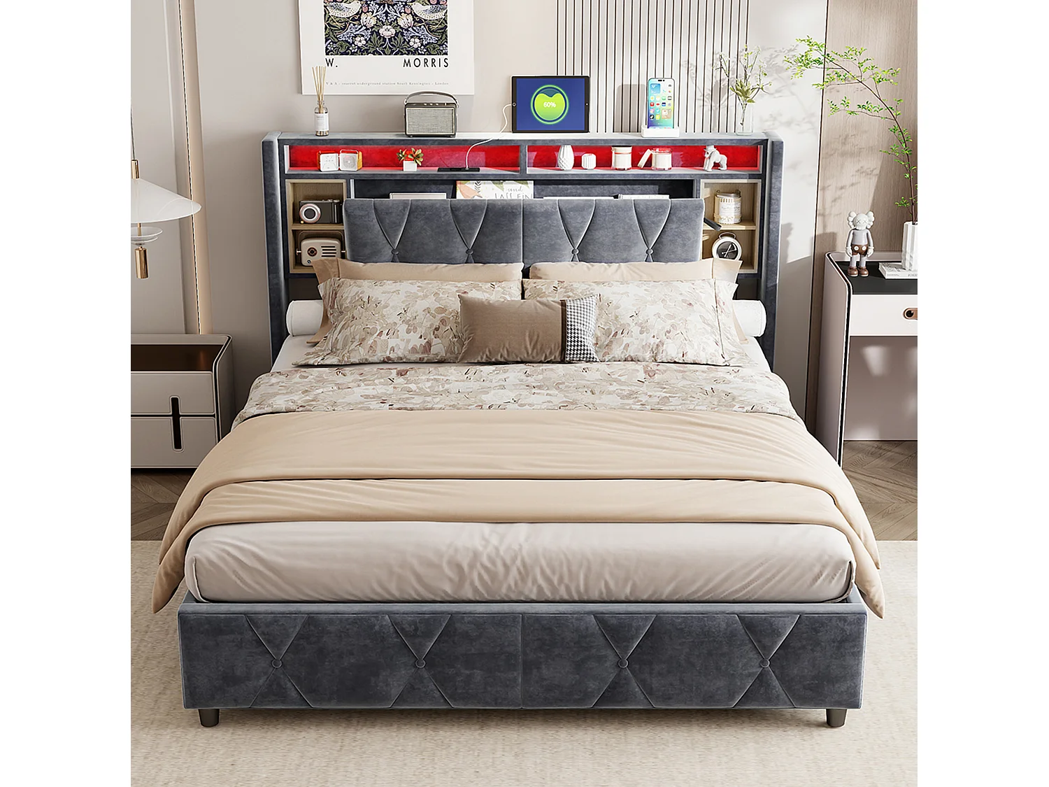 Lit coffre 140x200 cm avec sommier à lattes, lit adulte en velours gris avec LED et USB, lit double avec rangement intégré, sans matelas