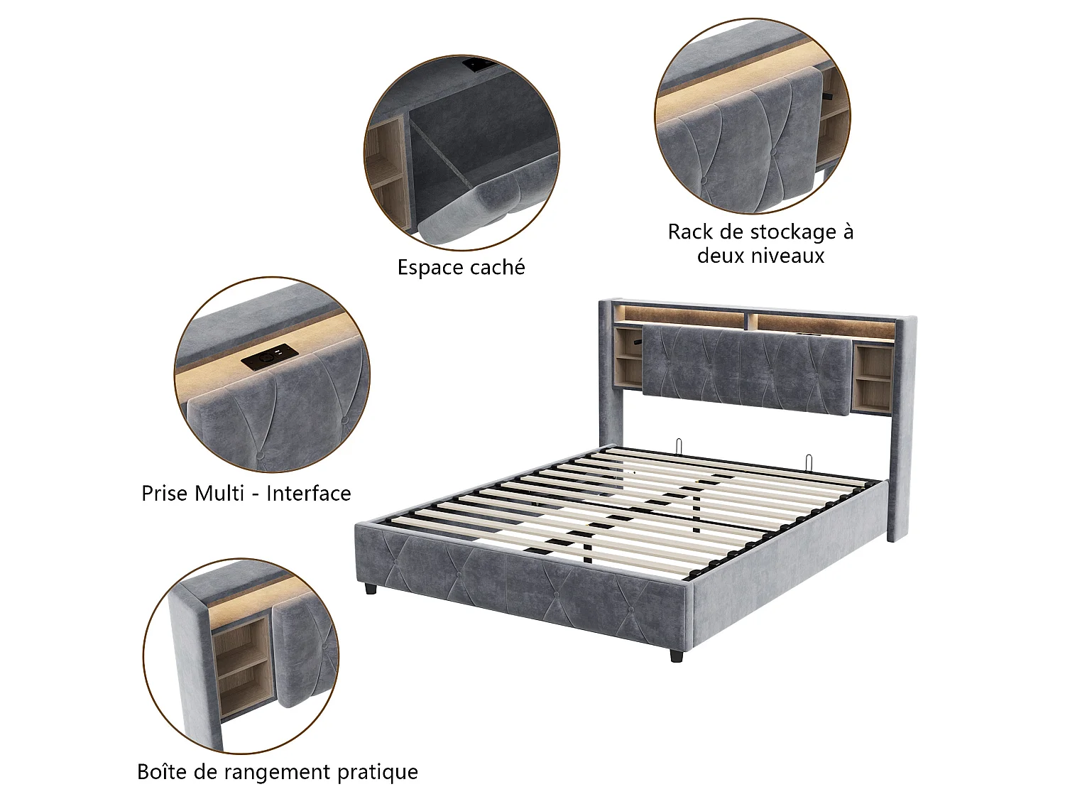 Lit coffre 140x200 cm avec sommier à lattes, lit adulte en velours gris avec LED et USB, lit double avec rangement intégré, sans matelas