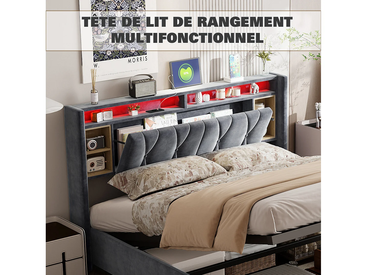 Lit coffre 140x200 cm avec sommier à lattes, lit adulte en velours gris avec LED et USB, lit double avec rangement intégré, sans matelas